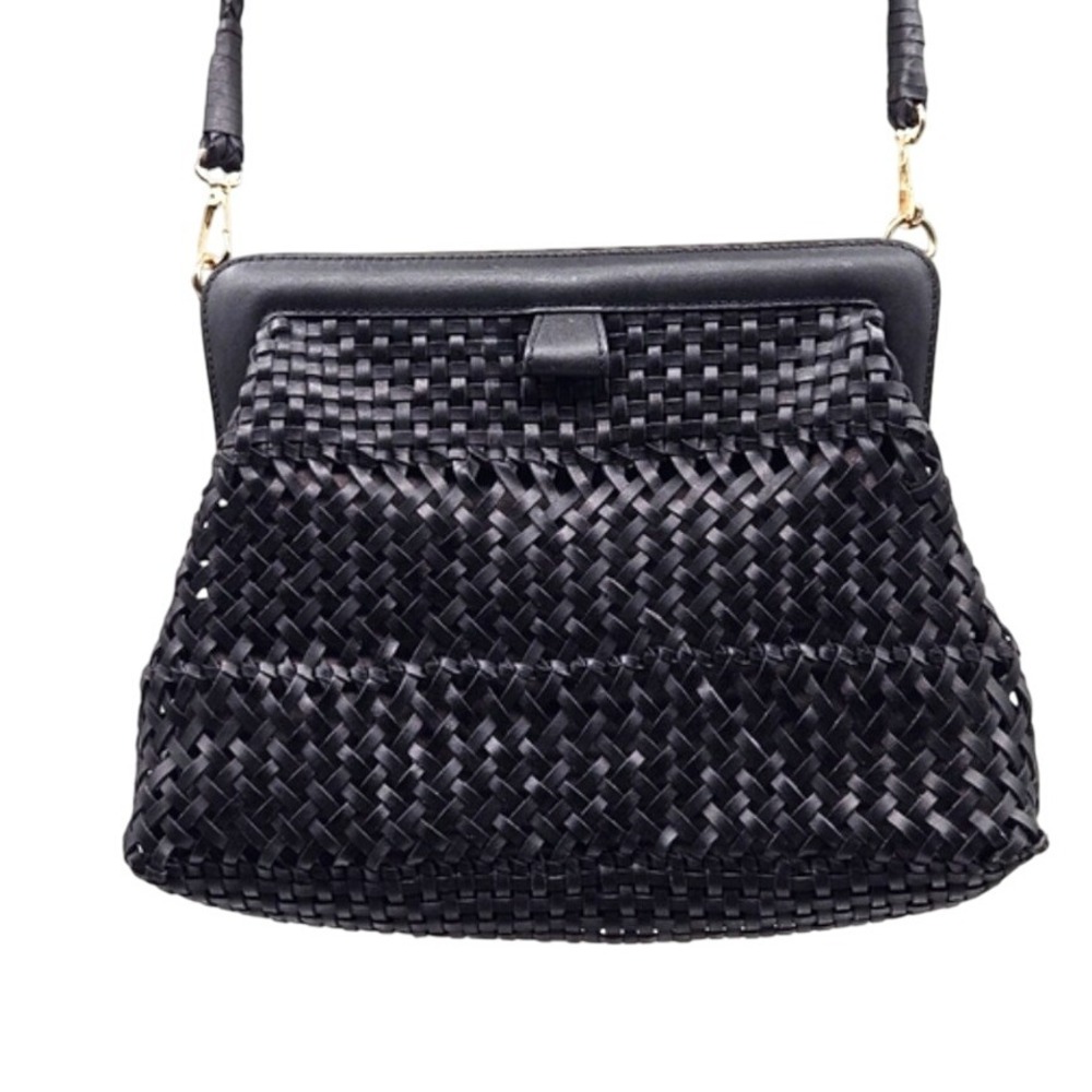 Rafe Fernanda Handwoven Black Leather Clutch With Crossbody Strap
